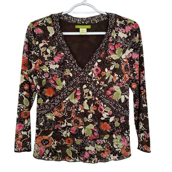 Sigrid Olsen Y2K Nylon Mesh Babydoll Floral Top Size M Petite Fariycore Brown - Picture 1 of 12
